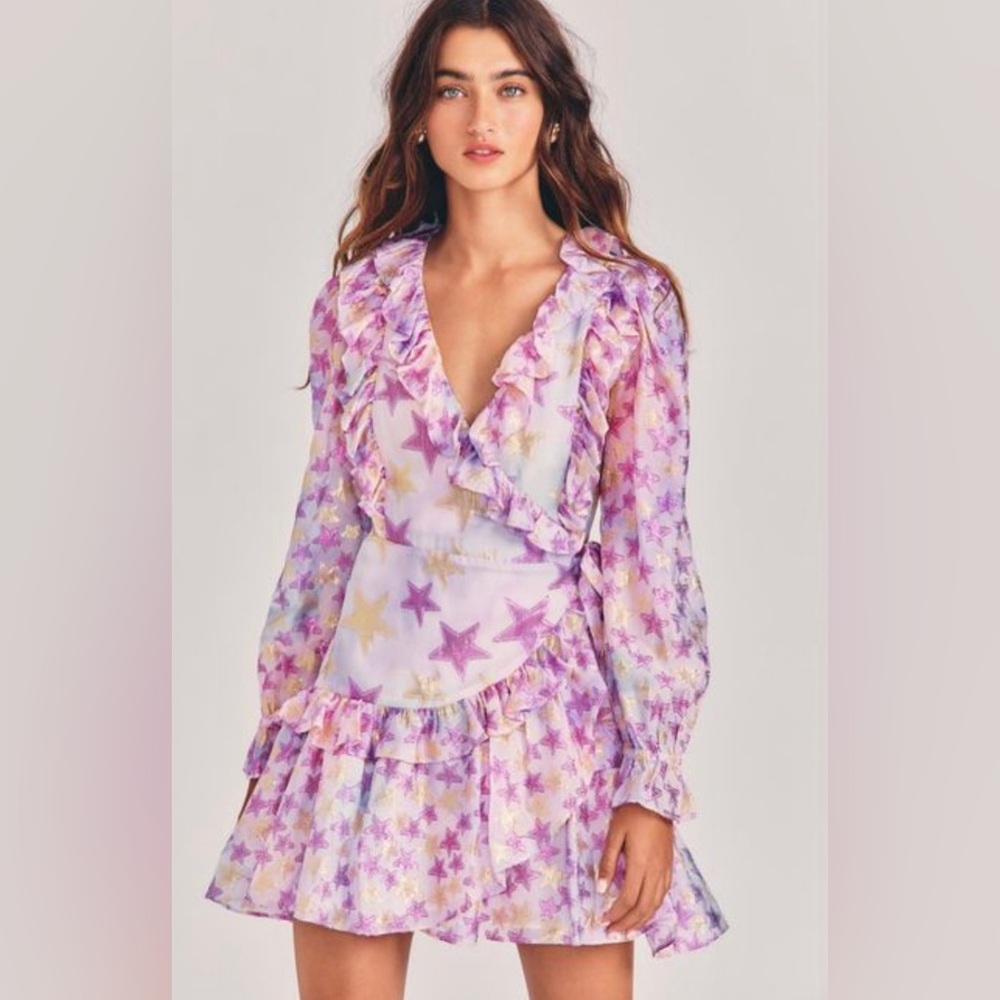 LoveShackFancy - Findlay Long Sleeve Ruffle Wrap Mini Dress Purple Metallic Star